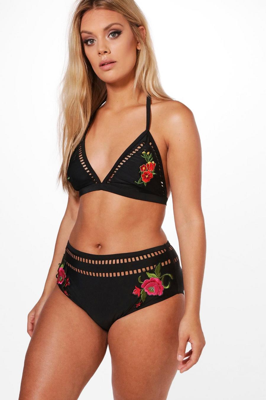 Plus bikini taille haute à fleurs appliquées, Noir image number 1