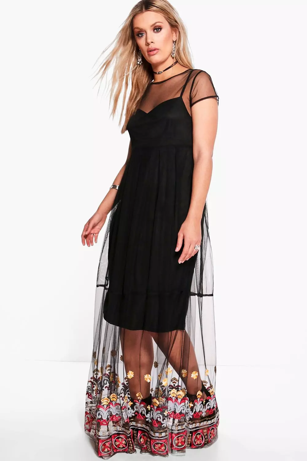 Plus Kate Embroidered Hem Mesh Maxi Dress