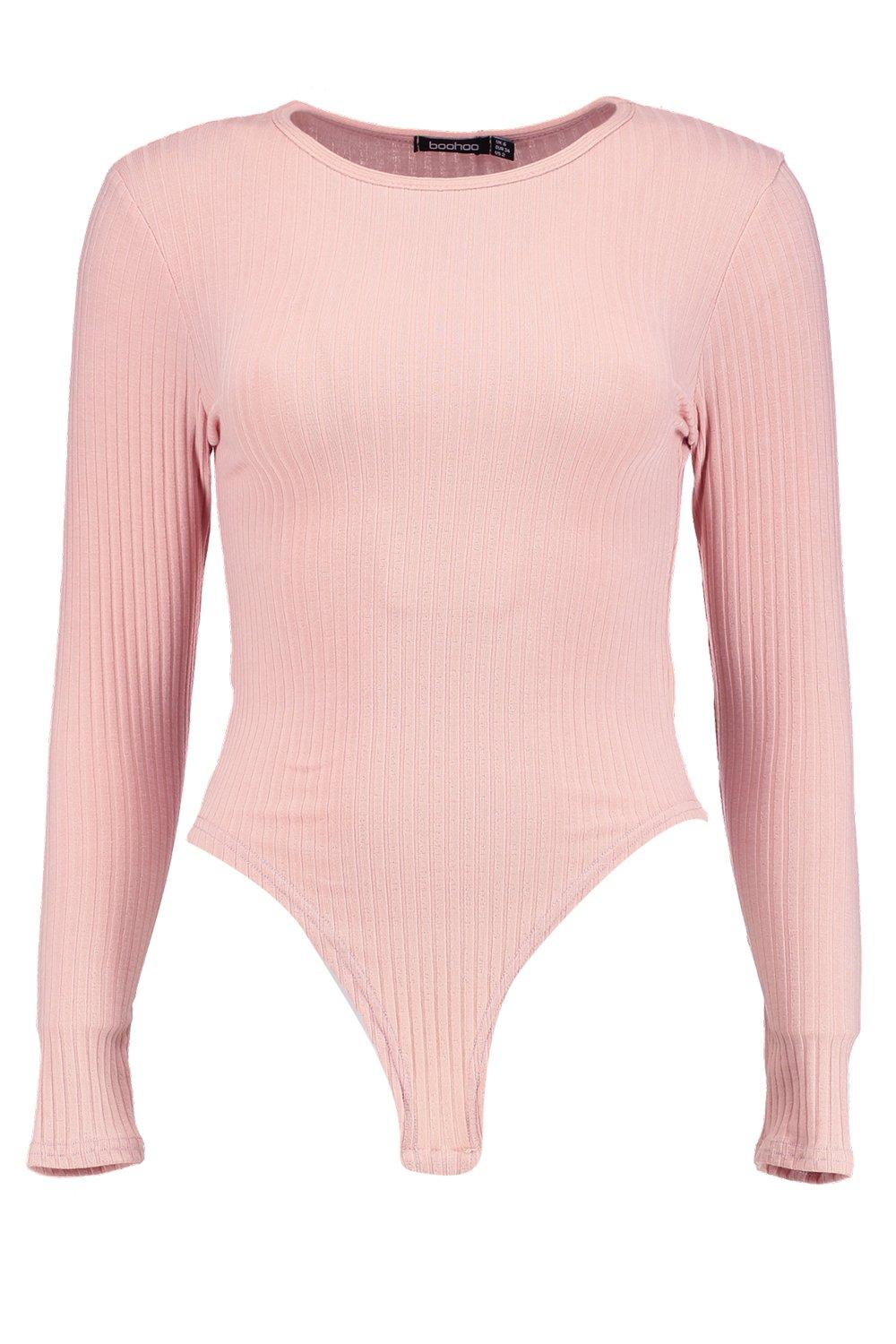 Pink Color Block Bodysuit - Ribbed Knit Top - Scoop Neck Bodysuit