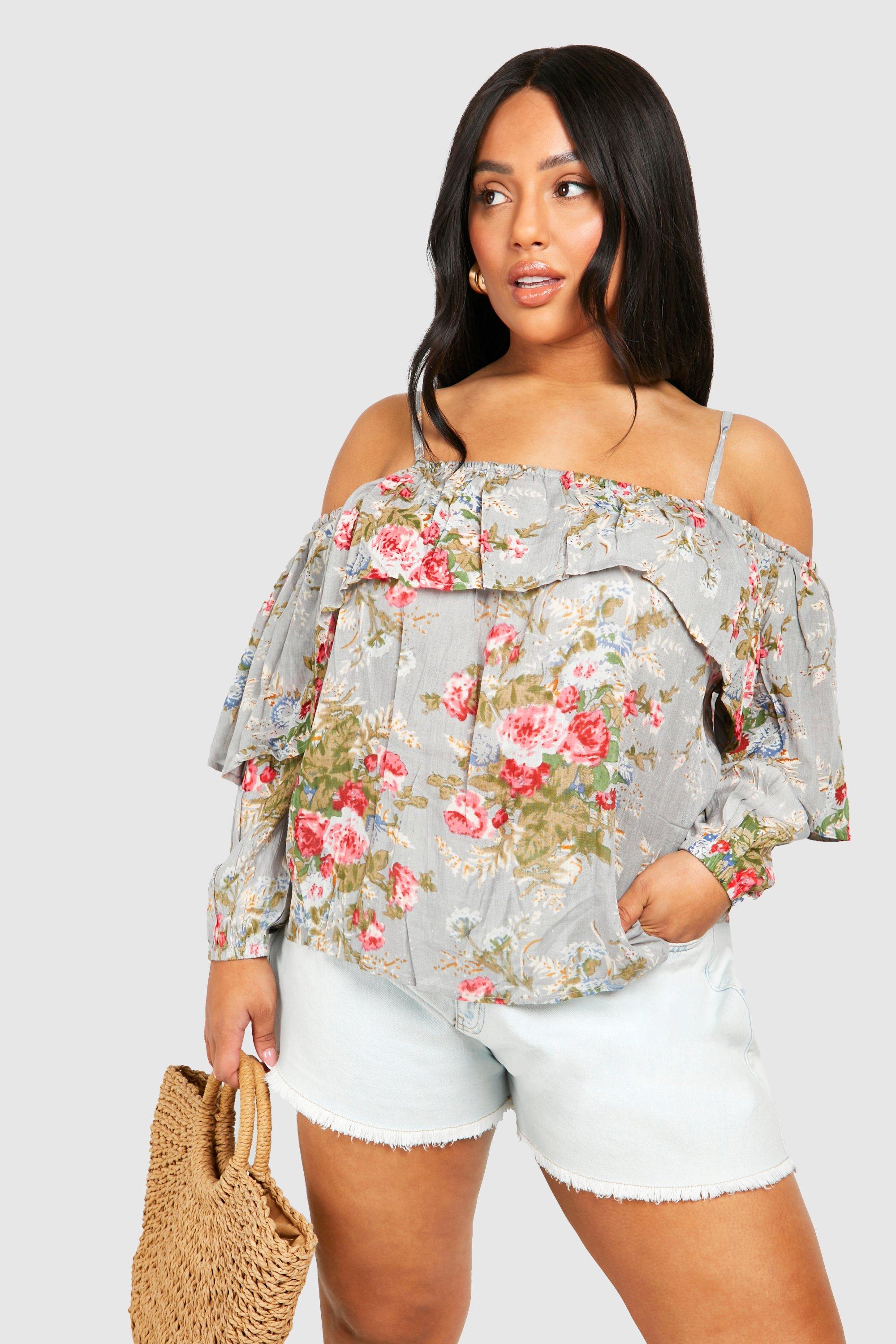 Women's Plus Floral Open Shoulder Top