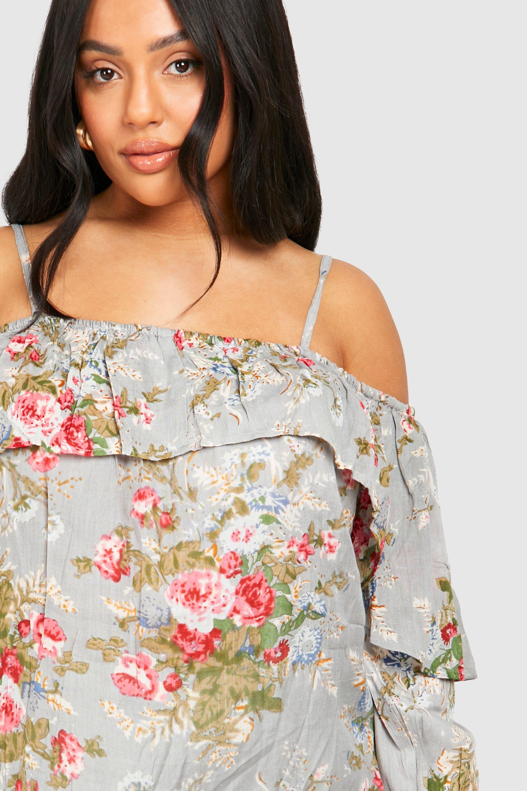 New Ladies Plus Size Cold Shoulder Cut Uneven Hem Floral Tunic