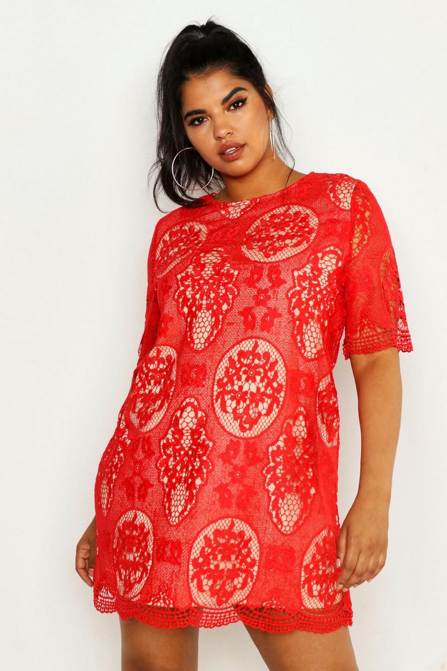 Red Plus  All Over Lace Shift Dress image number 1