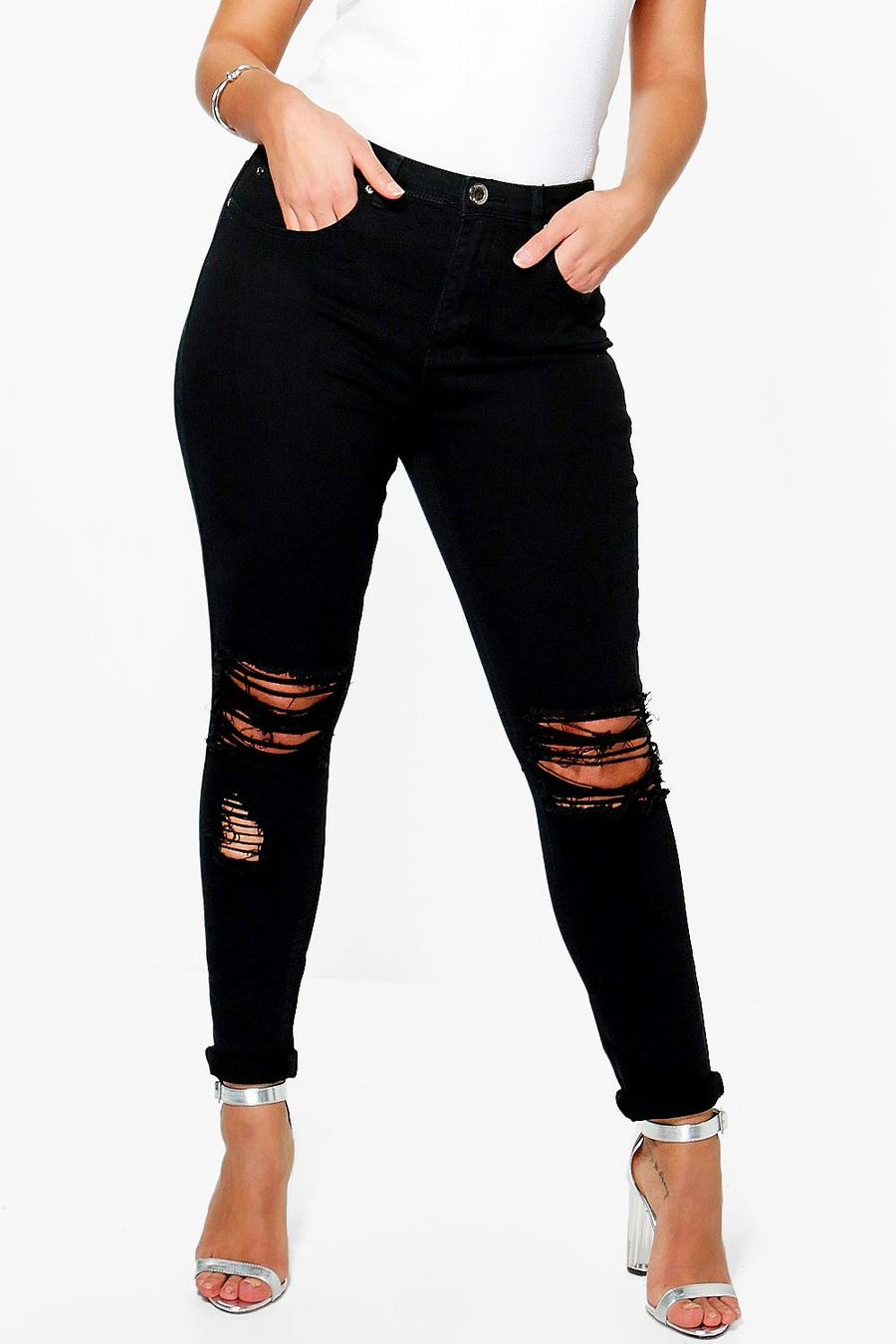 שחור negro סקיני ג'ינס סטרץ' עם קרע בברך מידות גדולות image number 1