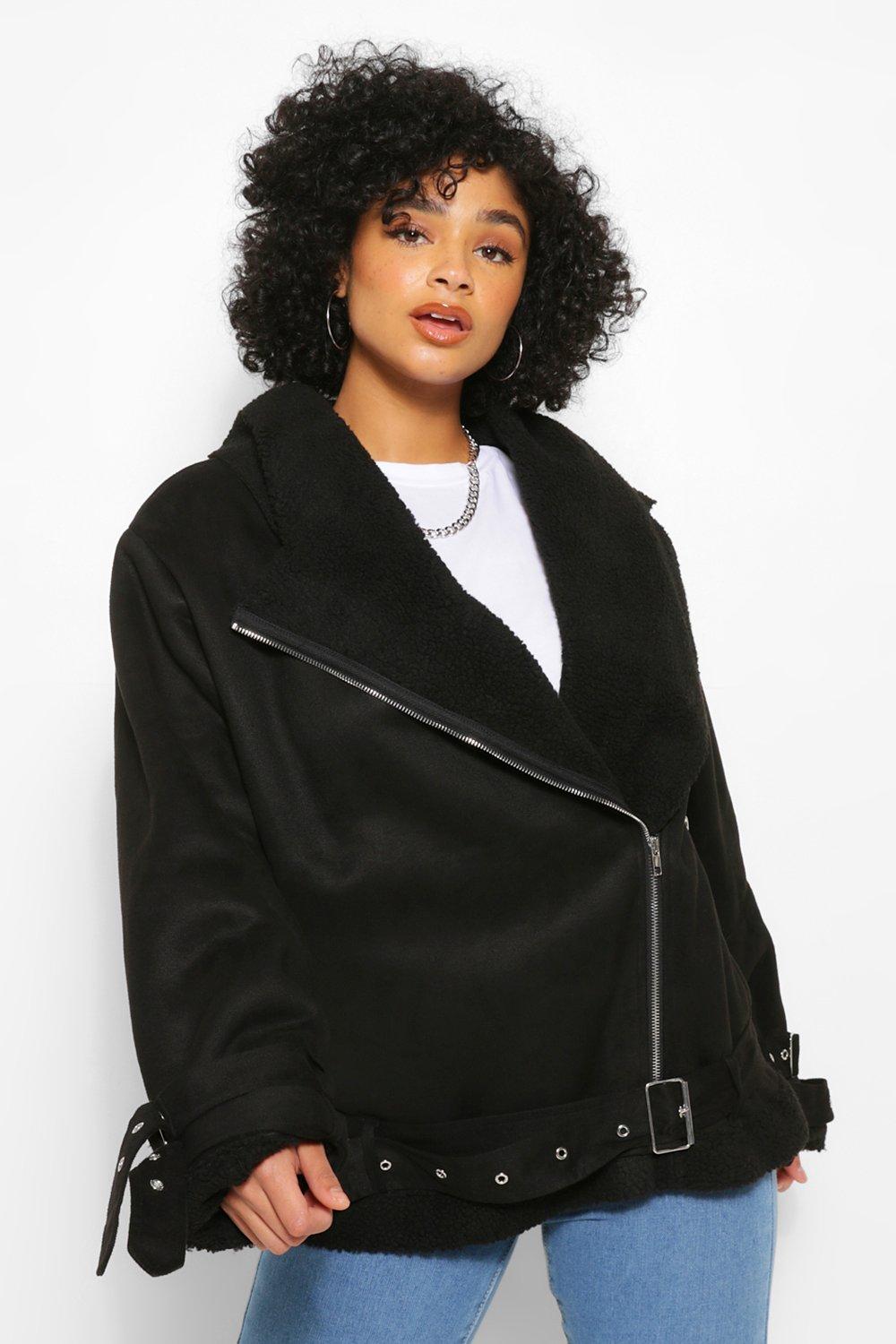 Plus Size Longline Faux Leather Bonded Aviator Coat