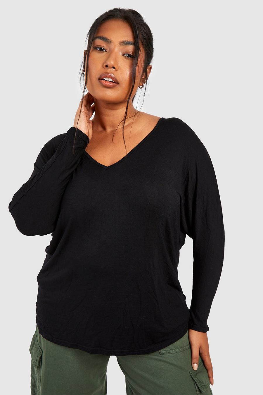 T-shirt Plus Size Basic a maniche lunghe, Nero image number 1