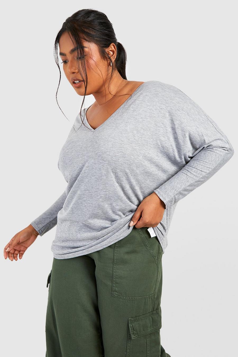 Grey Plus Long Sleeve Basic T-Shirt