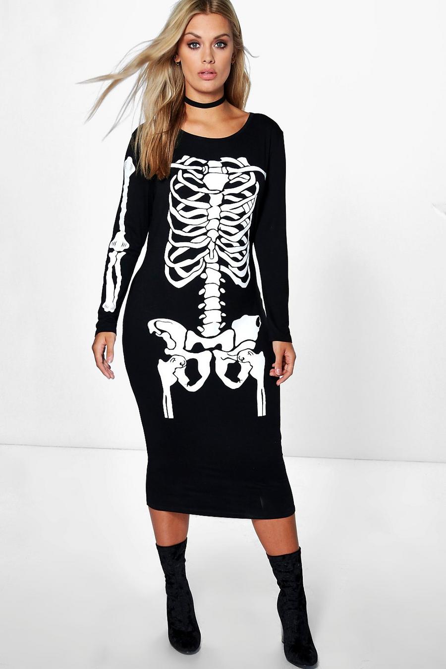 Plus Ellie Halloween-Midikleid mit Skelett-Print, Schwarz image number 1