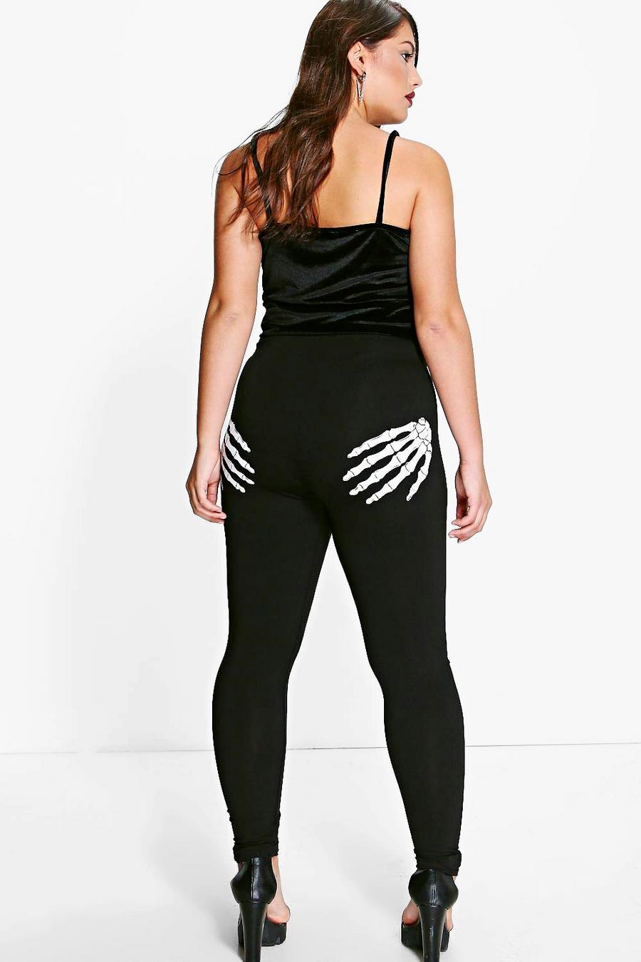 Black Plus Skeleton Hands Printed Halloween Leggings image number 1