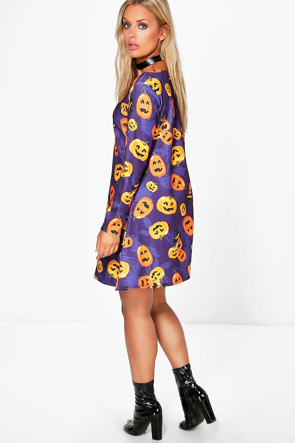 Women s Plus Jenna Pumpkin Print Halloween Swing Dress Boohoo UK