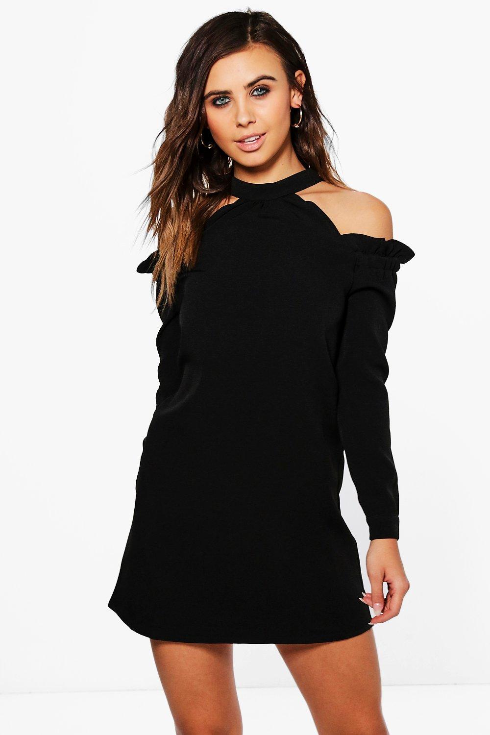 black ruffle sleeve shift dress