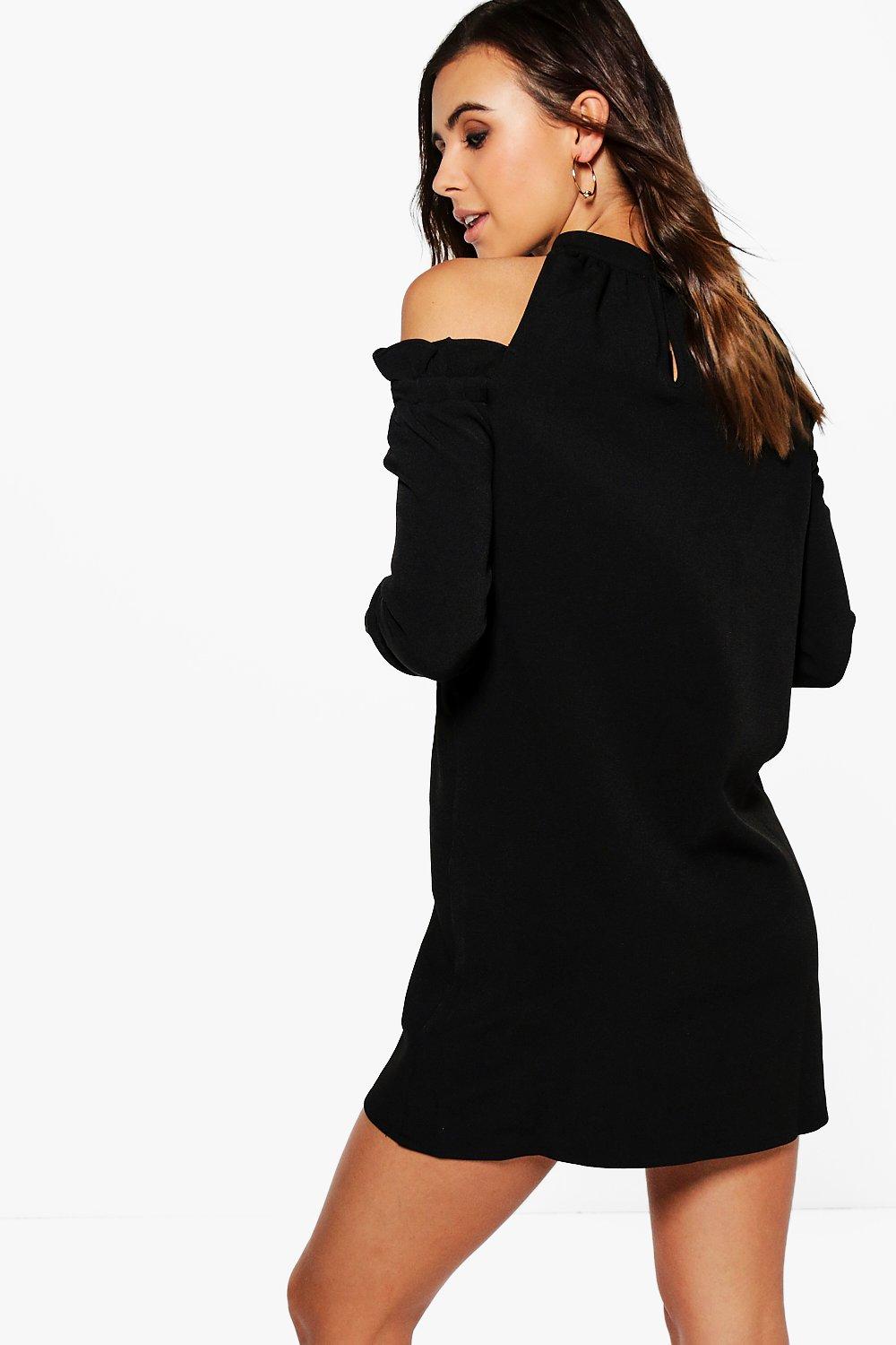 black ruffle sleeve shift dress