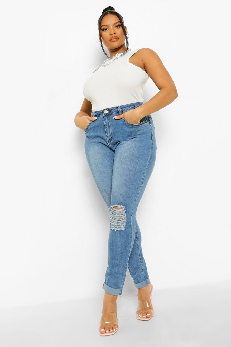 Jeans Plus Size Skinny Fit in Stretch con strappi sul ginocchio, Blu azzurro