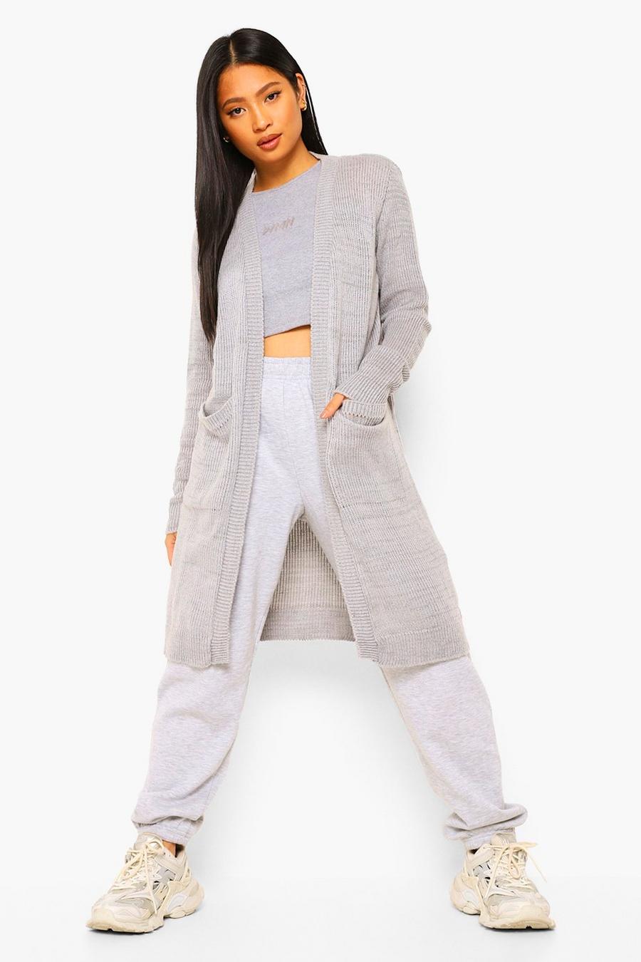 Grey Petite Midi Length Cardigan With Pockets