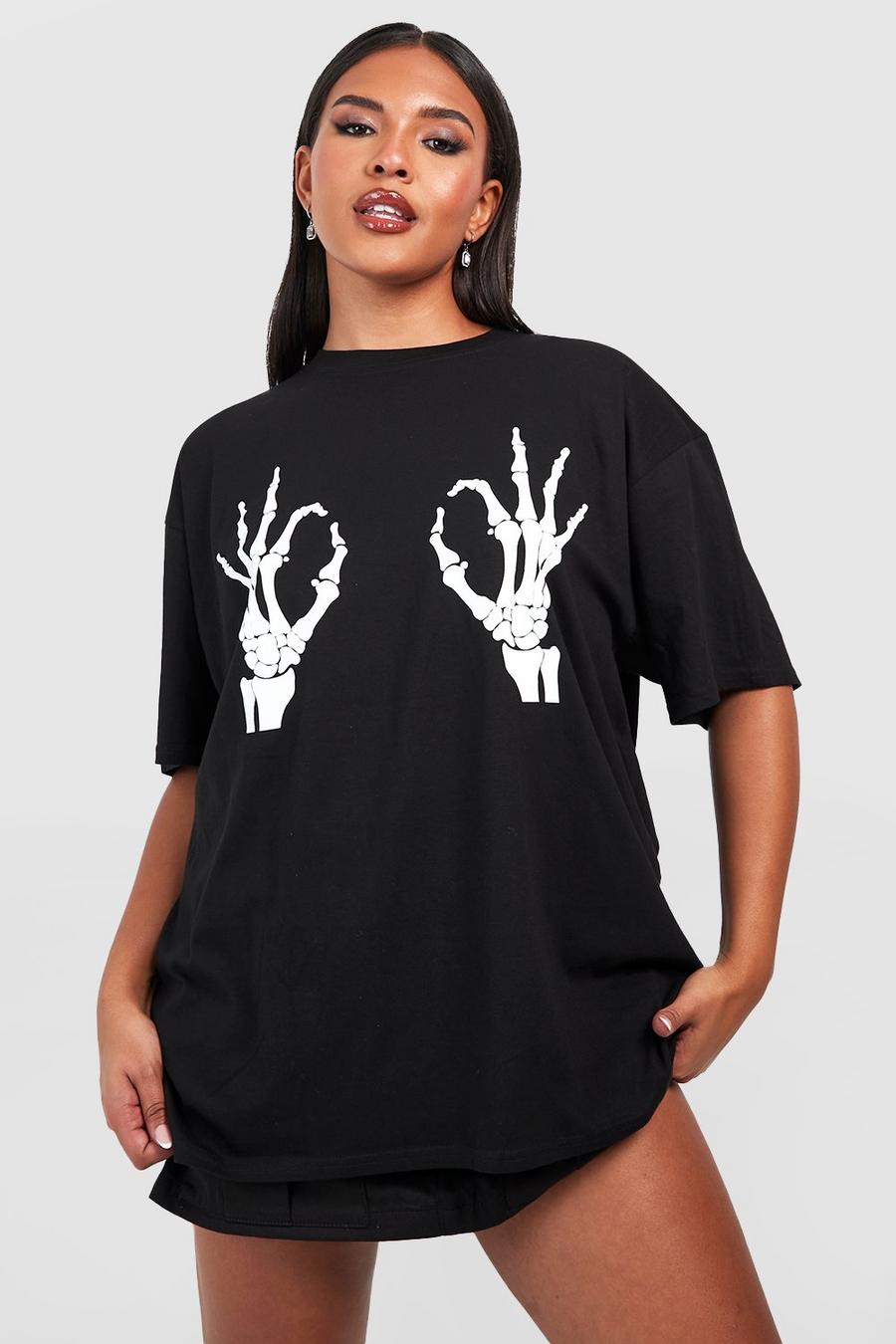 Plus Halloween T-Shirt mit Skelett-Hand Print, Schwarz image number 1