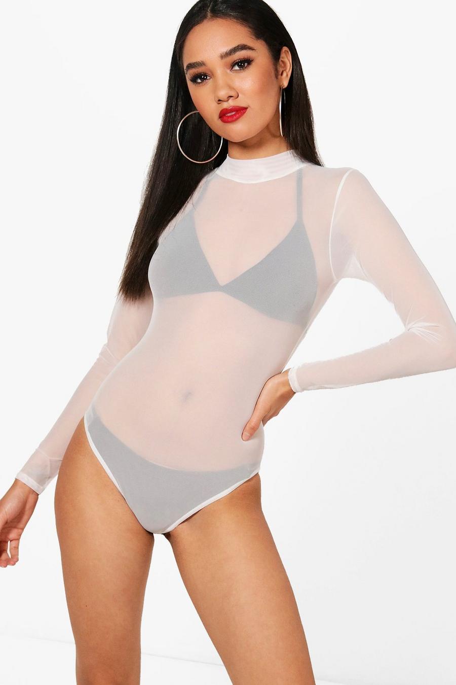 Cream Petite High Neck Mesh Bodysuit image number 1