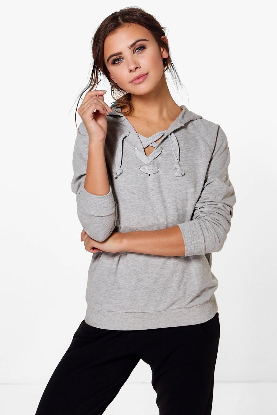Grey gris Petite Frances Lace Up Hooded Sweat image number 1