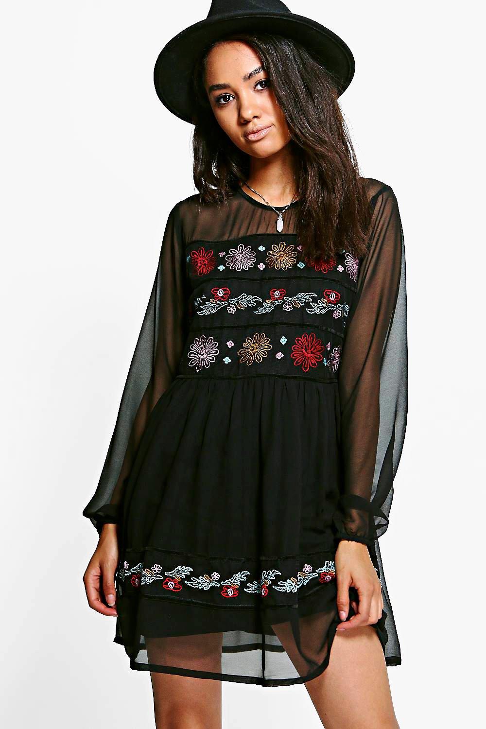 embroidered mesh sleeve dress