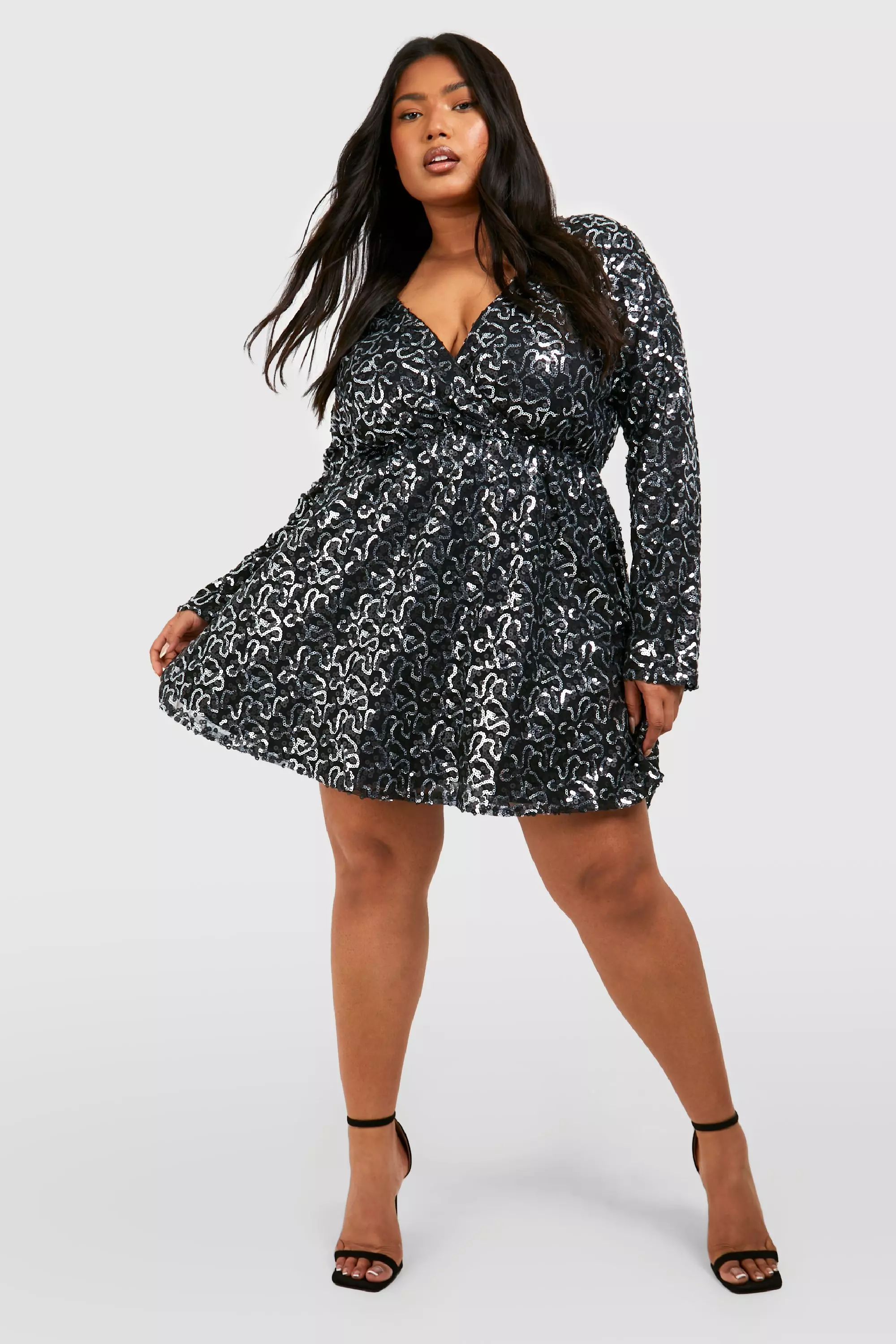 Plus floral sequin wrap skater clearance dress