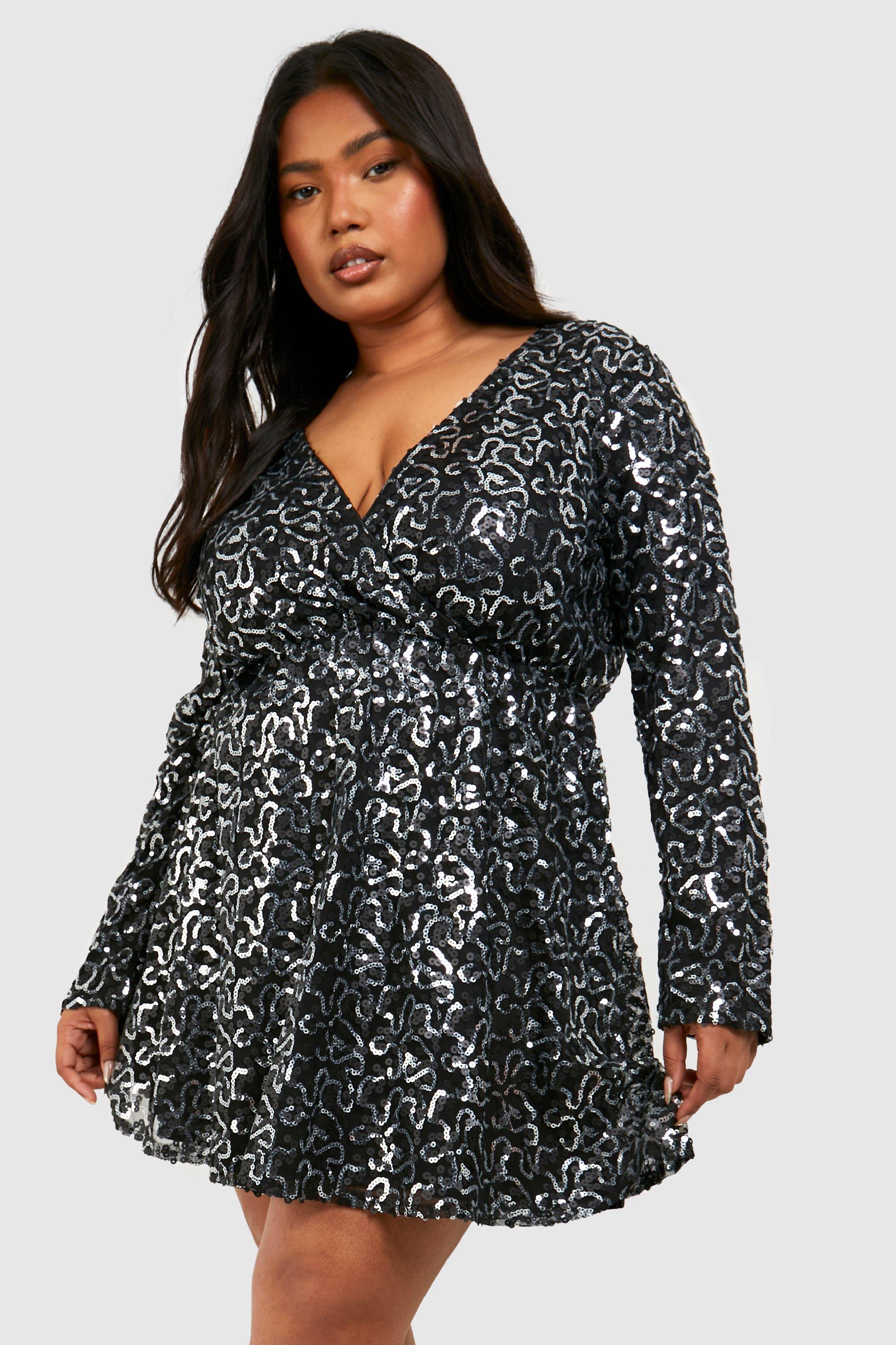 Women's Plus Sequin Wrap Skater Dress