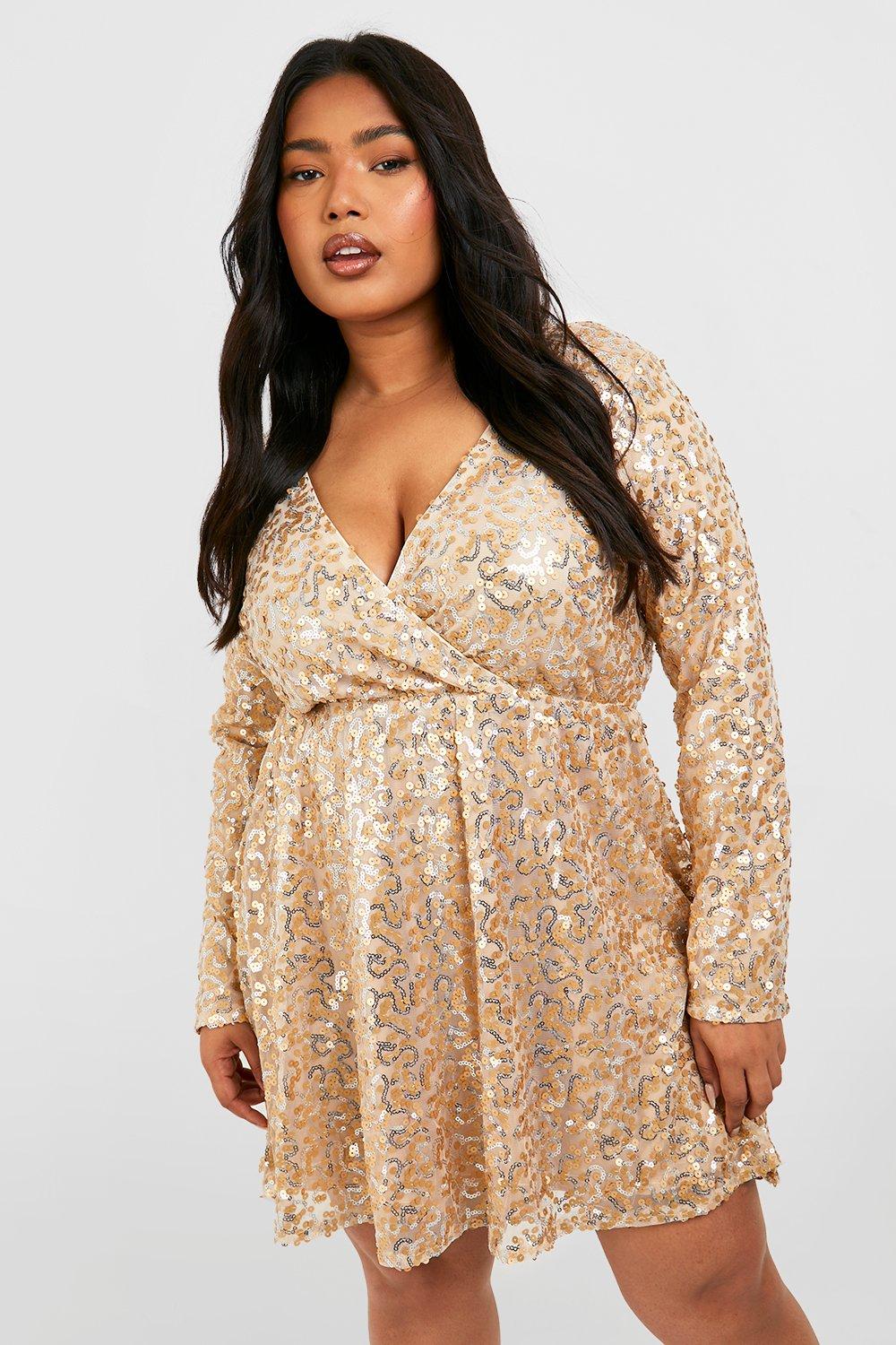 plus sequin wrap skater dress