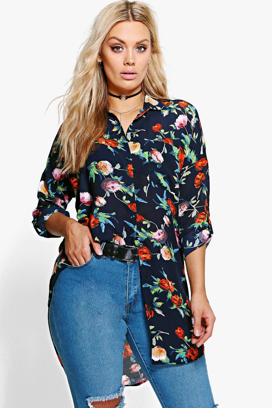 Plus camicia oversize a motivo floreale, Multi image number 1