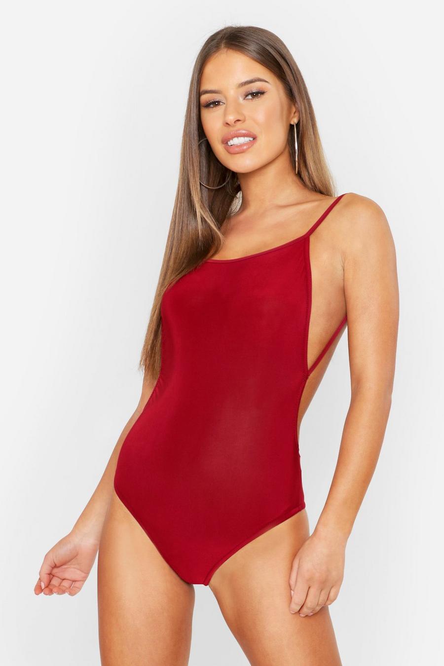 Berry red Petite Backless Strappy Thong Bodysuit