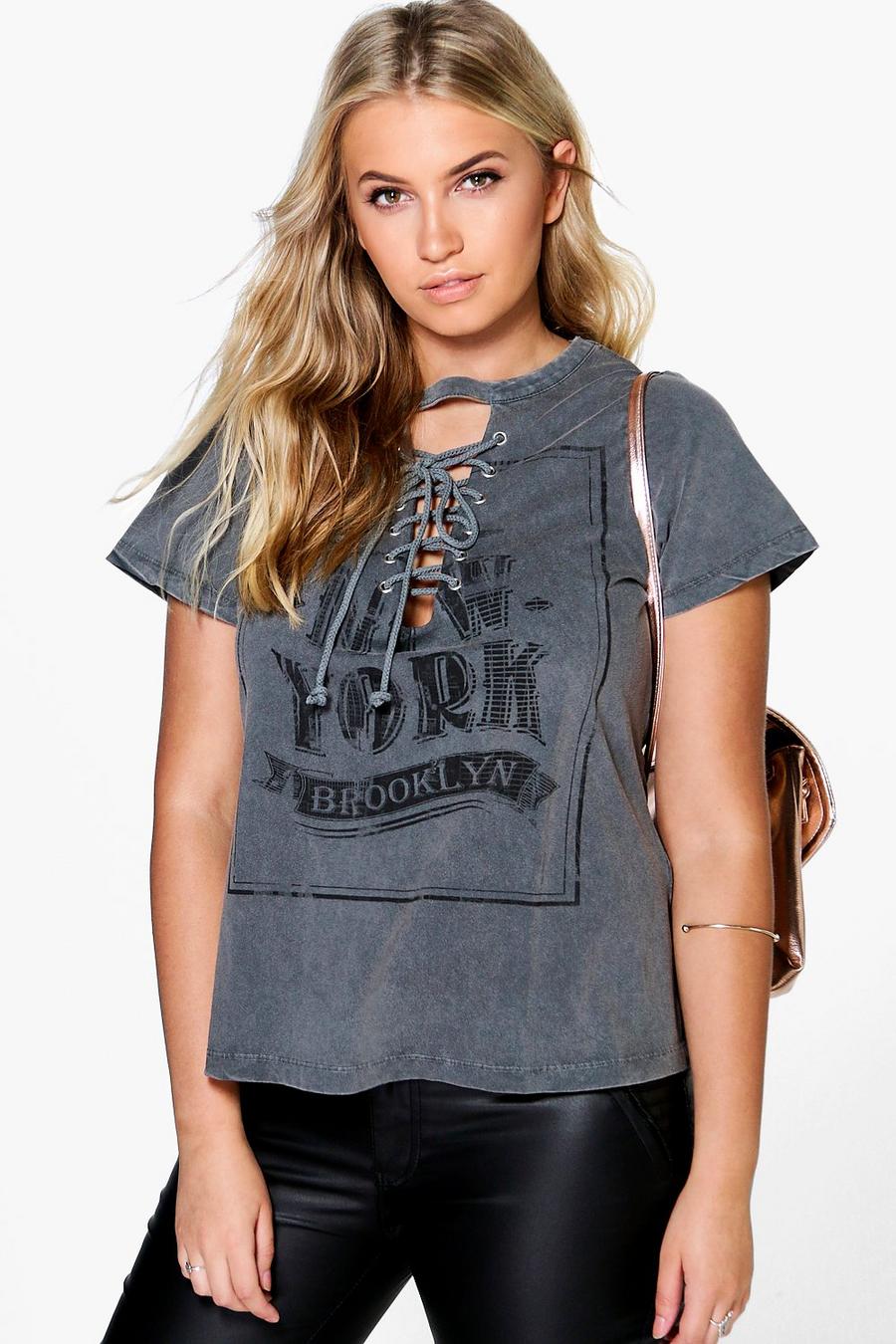 Charcoal grey Plus Melli Acid Wash Printed Lace Up Tee image number 1