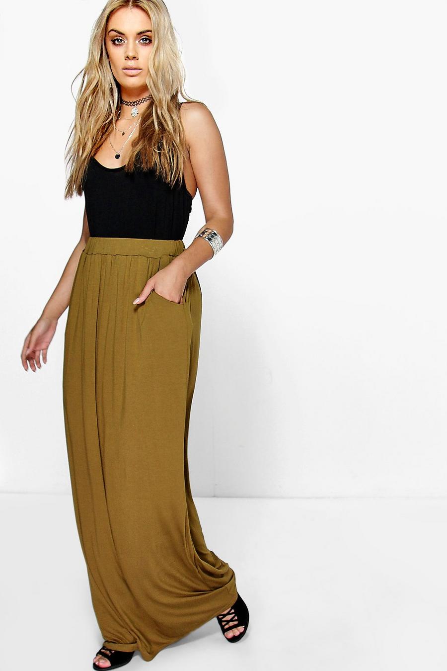 Olive green Plus Pocket Front Jersey Maxi Skirt
