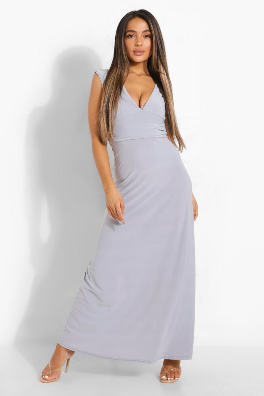 Grey Petite Plunge Ruched Maxi Dress image number 1