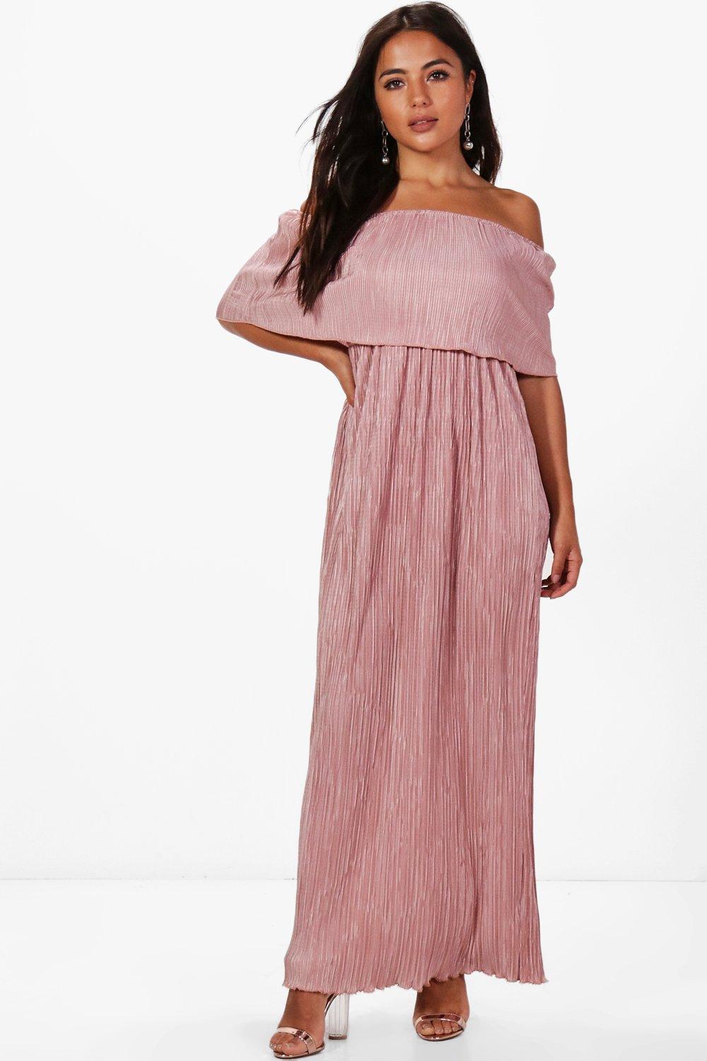 bardot pleat maxi dress