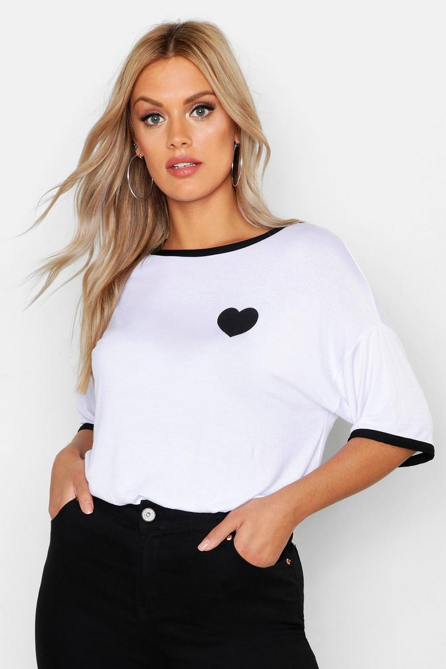 T-shirt Plus Size con cuore e righe a contrasto, White image number 1