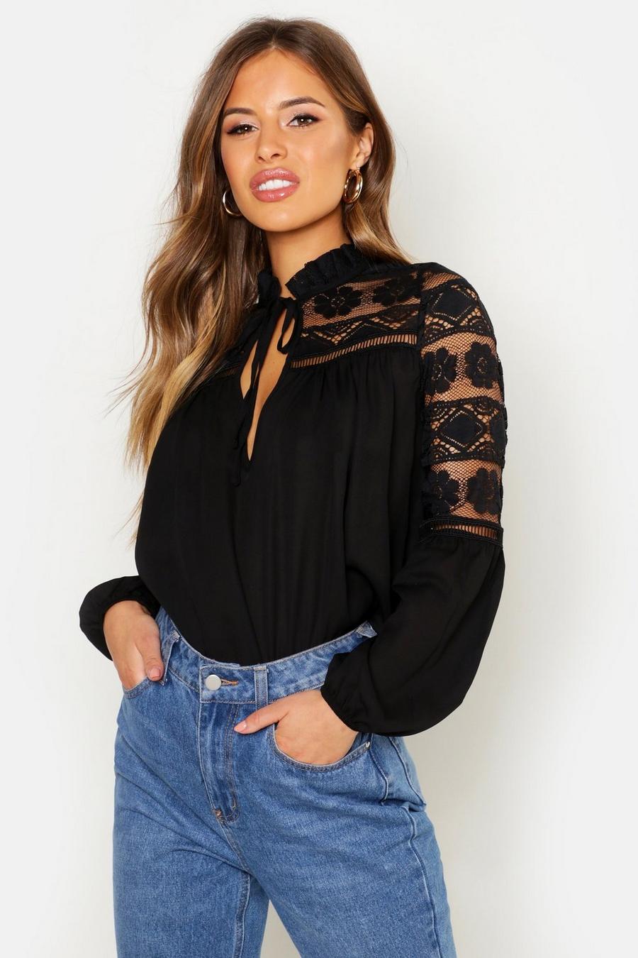 Black Petite Ruffle Neck Lace Georgette Top image number 1