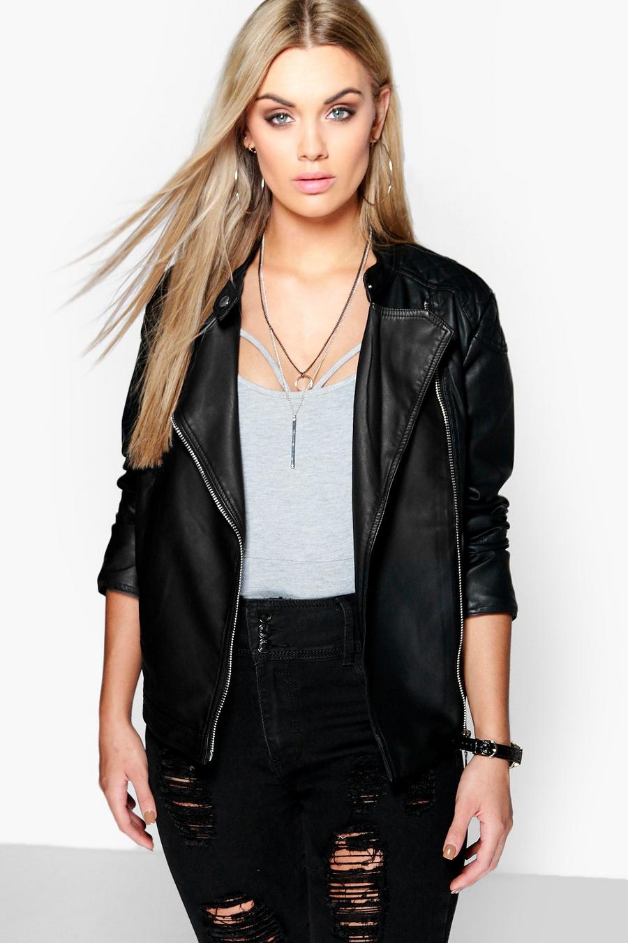 Black Plus Quilted Faux Pu Leather Moto Jacket image number 1