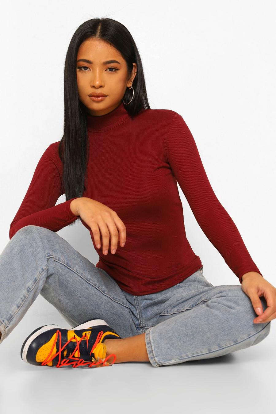 Berry Petite Long Sleeve Rib Turtle Neck Top image number 1