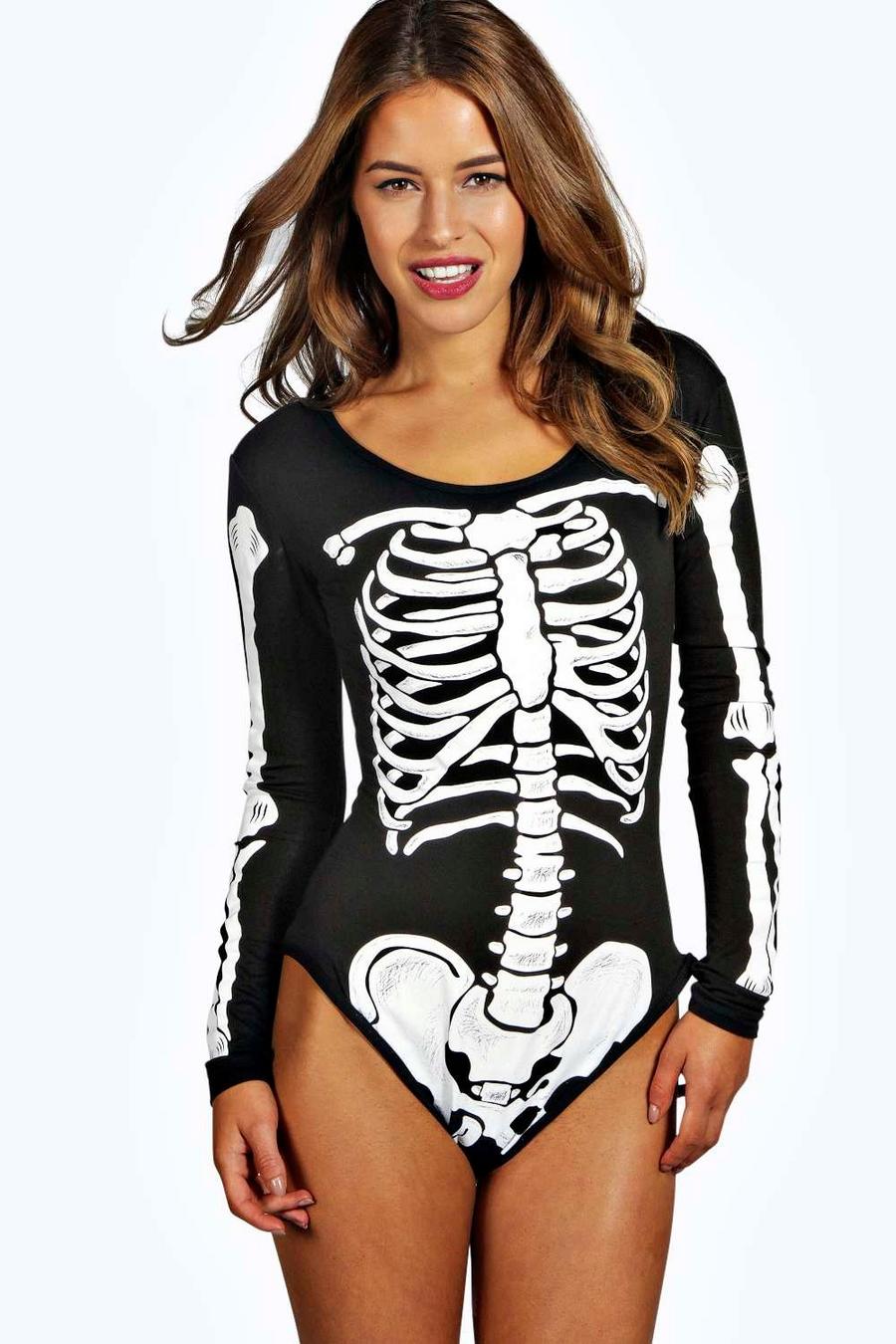 Black Petite Skeleton Print Halloween Bodysuit image number 1