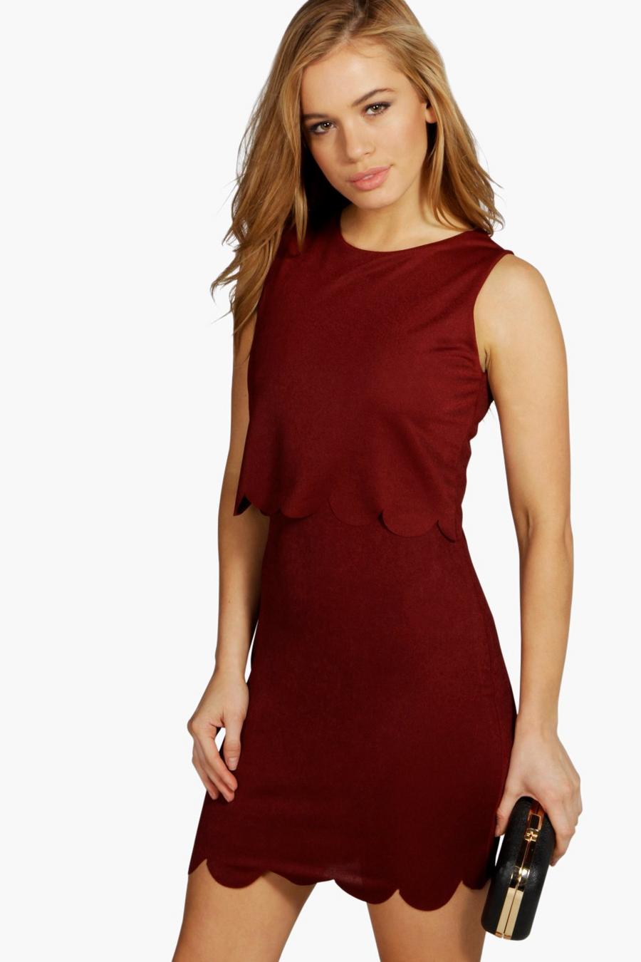 Wine red Petite Double Layer Scallop Hem Dress image number 1