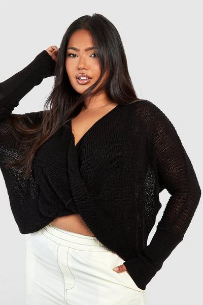 boohoo black Plus Wrap Front Knitted Jumper