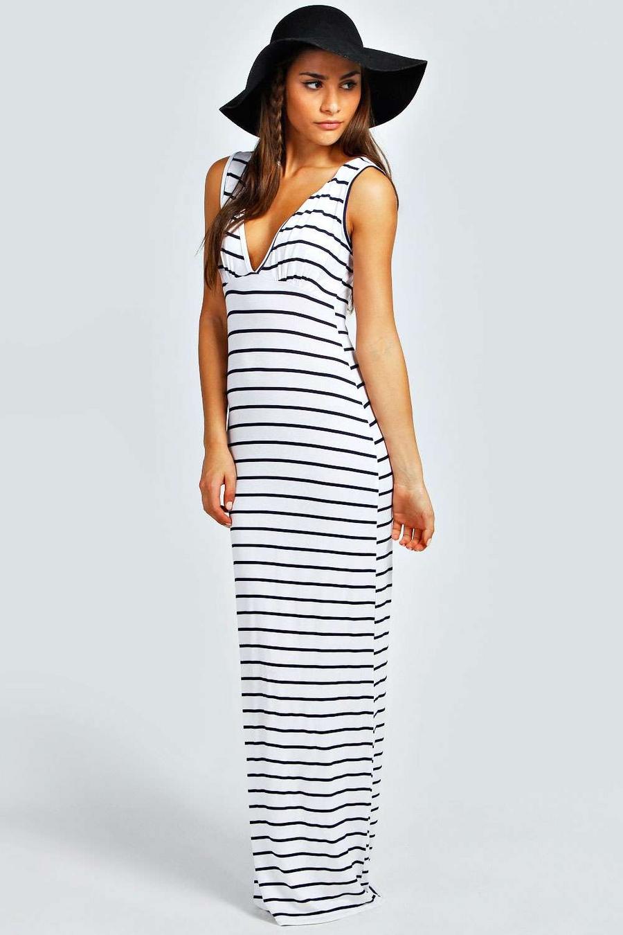 Ivory white Petite Plunge Striped Jersey Maxi Dress