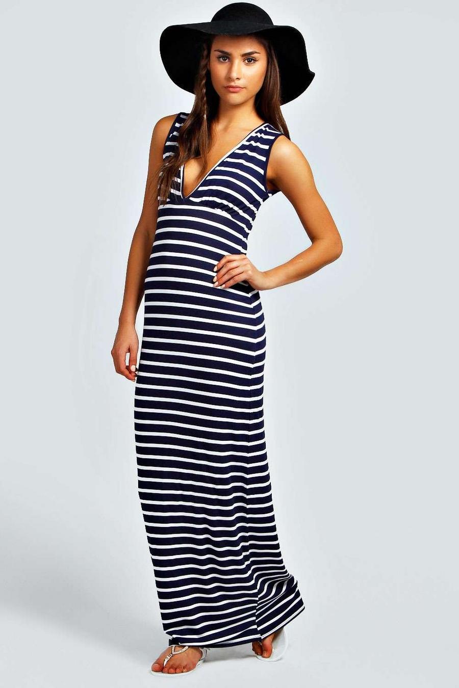 Navy Petite Plunge Striped Jersey Maxi Dress image number 1