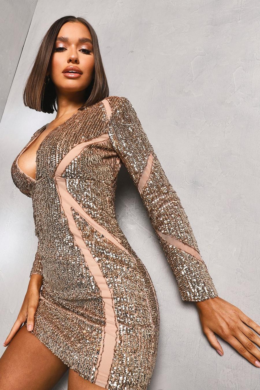 Champagne Premium Sequin And Mesh Bodycon Dress image number 1