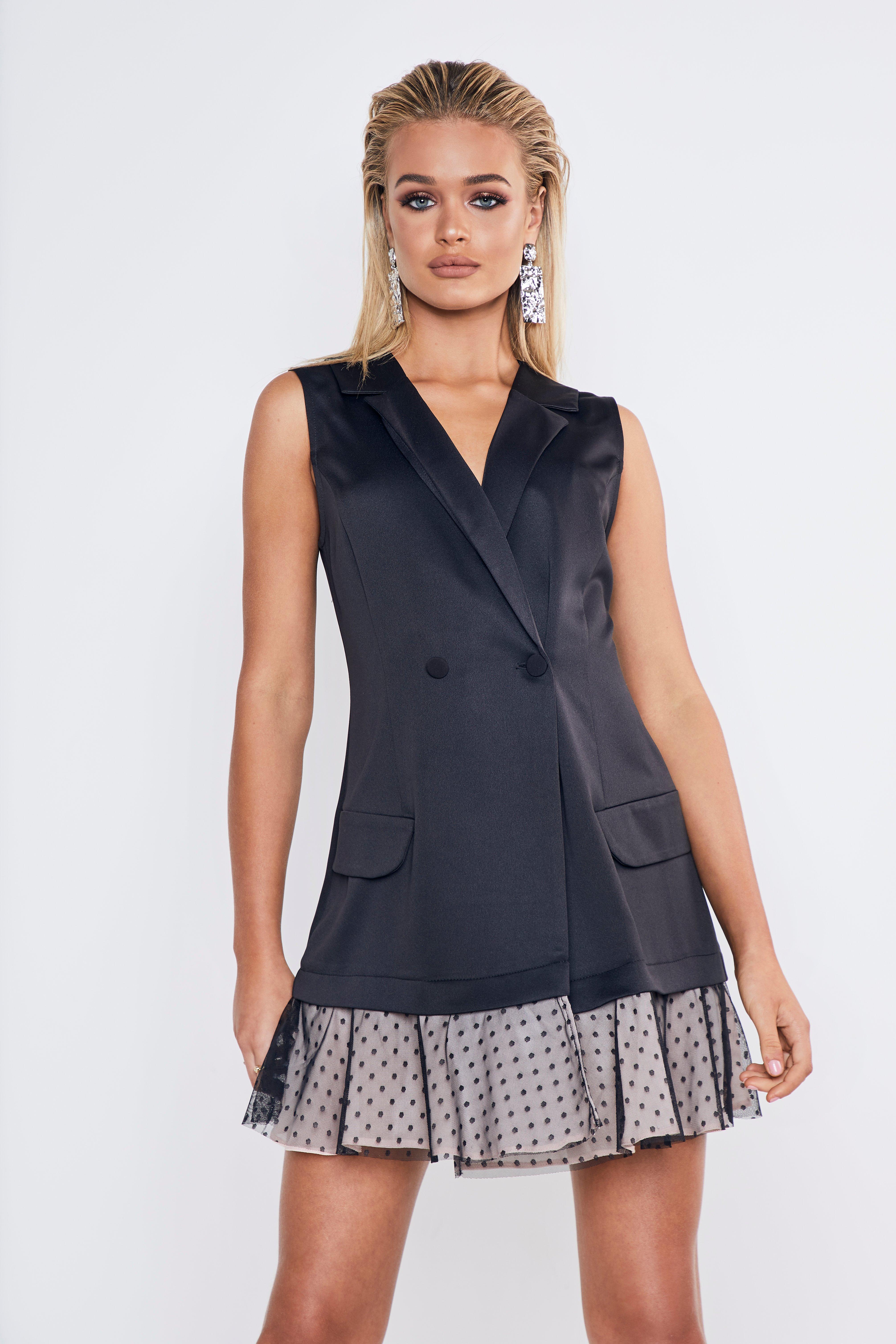 Premium Satin Dobby Mesh Hem Blazer Dress