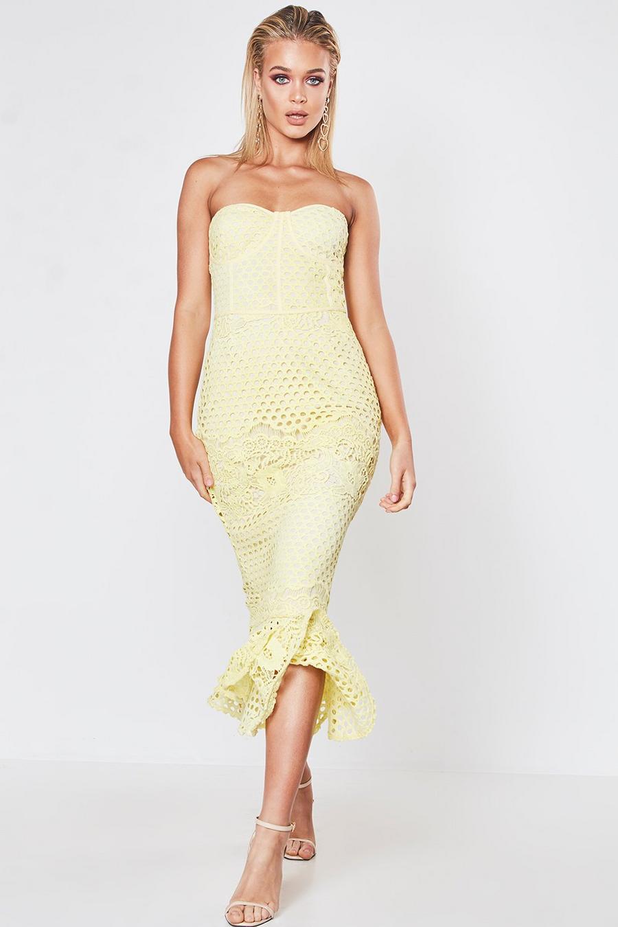 Yellow Premium Lace Bandeau Fishtail Midi Dress image number 1