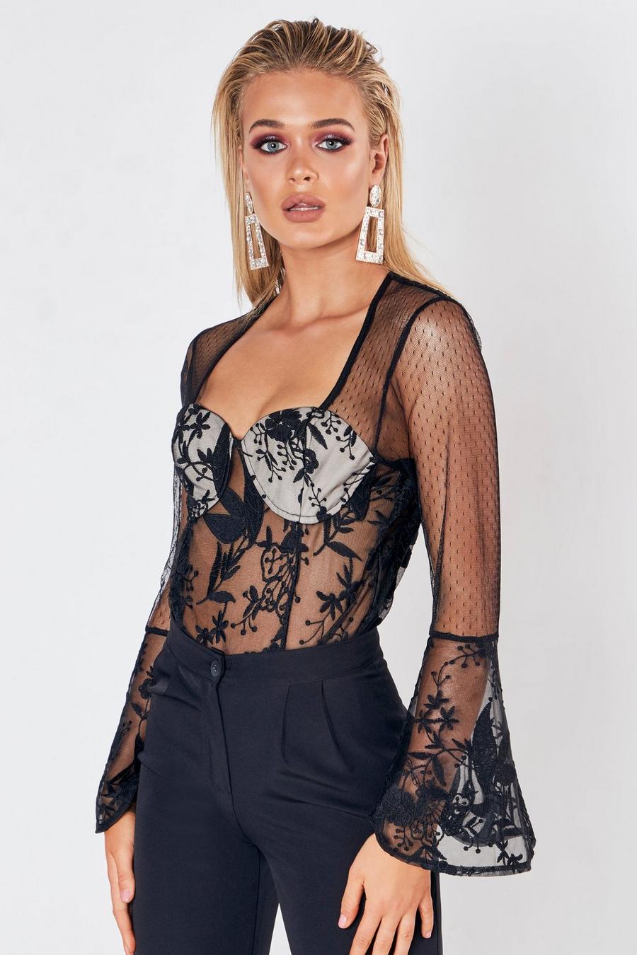 Premium Lace Wrapped Flare Sleeve Bodysuit image number 1