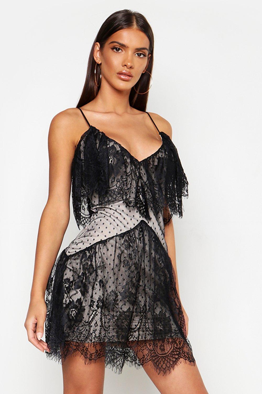 Premium Strappy Lace Frill Hem Mini Dress