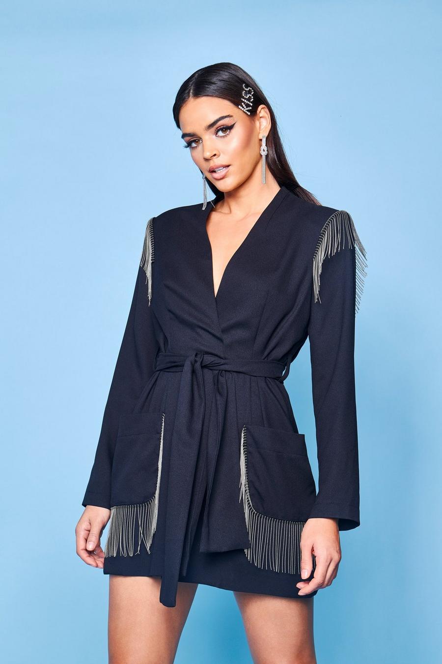 Black Premium Belted Fringe Trim Blazer Dress image number 1