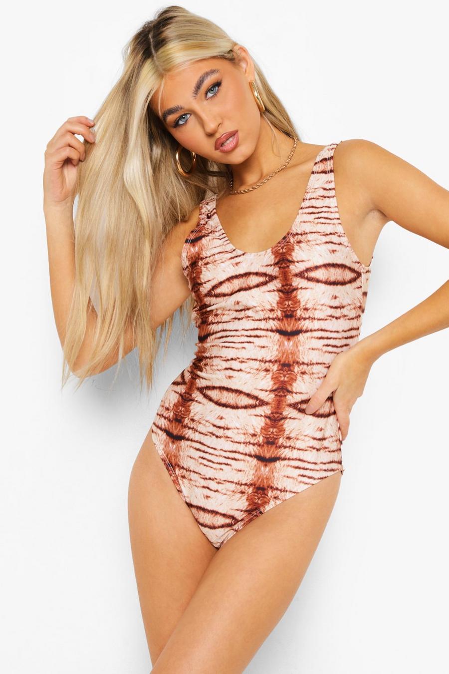 Brown Tall Tiger Print Scoop Swimsuit image number 1