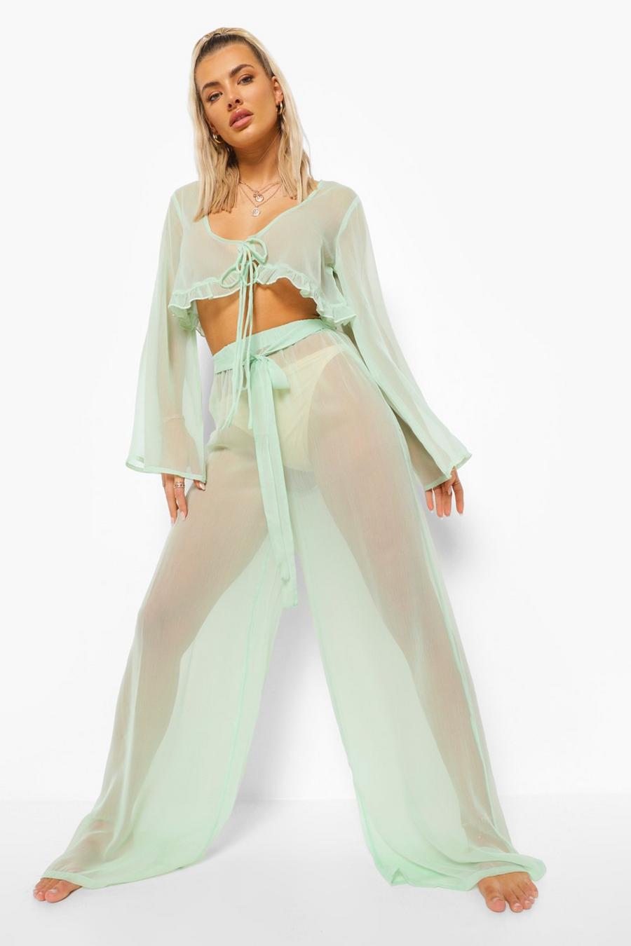 Mint Chiffon Beach Trouser With Tie Detail image number 1