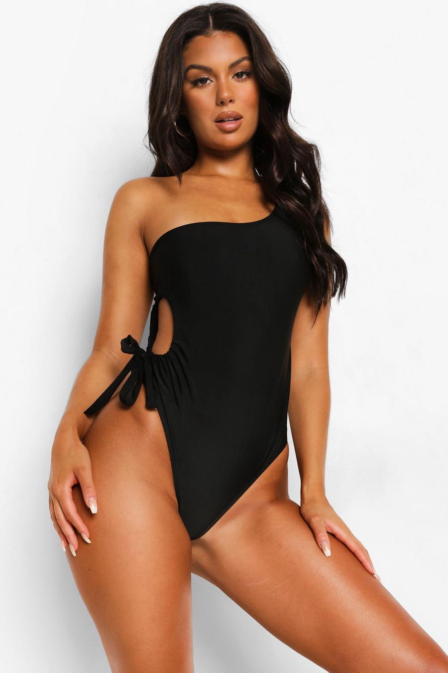 Black One Shoulder Ruched Cut Out Swimsuit image number 1
