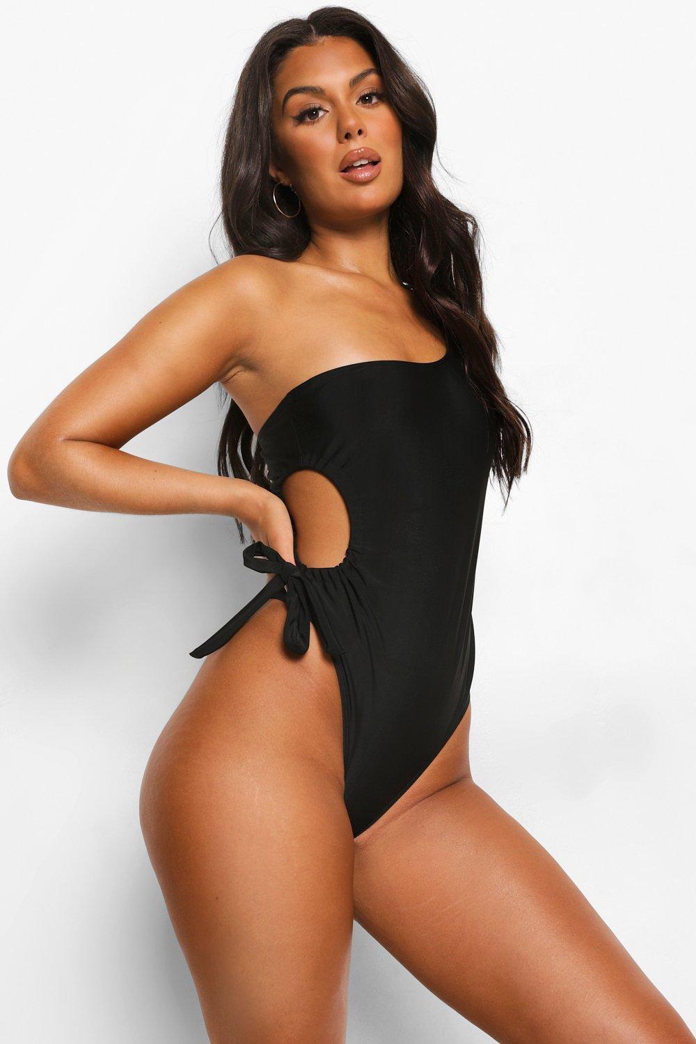 Women s One Shoulder Ruched Cut Out Swimsuit Boohoo UK