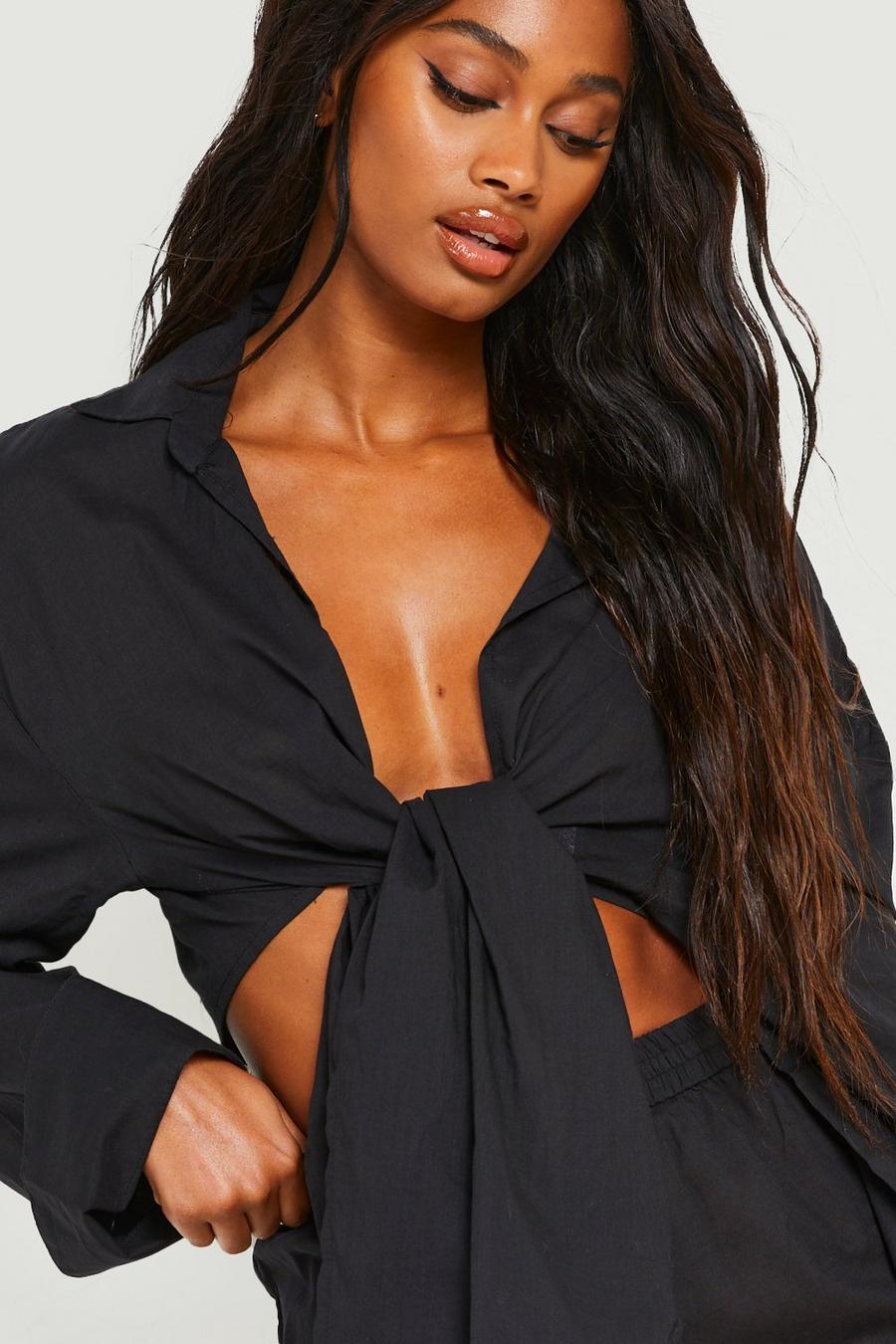 Black negro Essentials Linen Look Tie Beach Shirt
